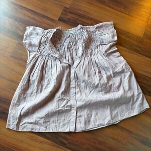 Daniel Rainn Women Smocked‎ Linen Cotton Blend Button Up Shirt Blouse Top